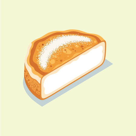 A delicious slice of classic cheesecake with a creamy white filling, golden-brown baked crust, and a sprinkle of powdered sugar on top, shown in an isometric view.のイラスト素材