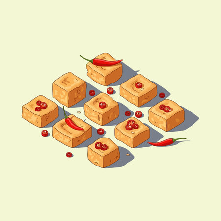 An isometric illustration of crispy golden brown tofu pieces garnished with vibrant red chili peppers and spicy flakes arranged on a clean background.のイラスト素材