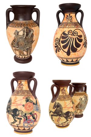 Collage Of Four Ancinet Greek Vases Isolated On White Backgroundの写真素材