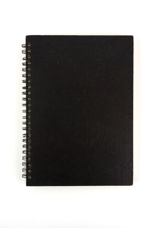Black blank notebook front cover isolated on white background.