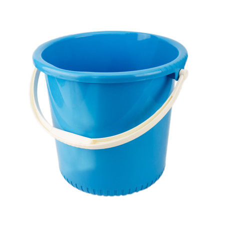 Blue plastic bucket with white handle isolated on white background, Home appliances.の写真素材