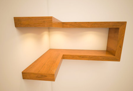 3D illustration , Empty Abstract Wood Shelves on blank background with down-lightの写真素材