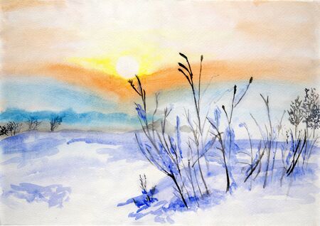 Beautiful winter sunset with trees in the snow, watercolor illustrationの写真素材