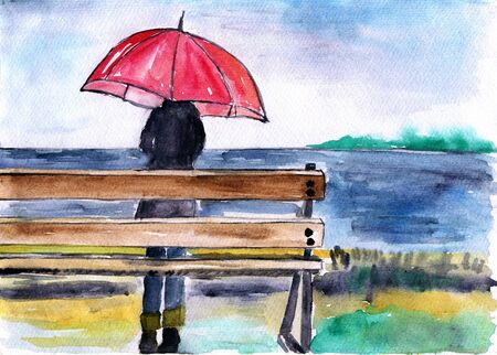 Woman standing with umbrella under the rain, watercolor illustrationの写真素材
