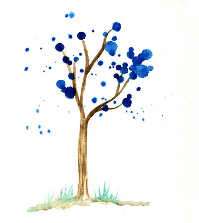 Tree with blue leaves, watercolor illustrationの写真素材