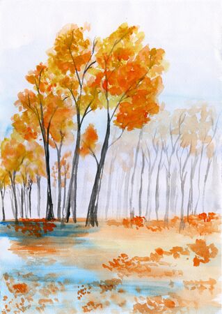 Watercolor landscape. A carpet of fallen leaves yellowed in the quiet autumn forest near the lakeの写真素材