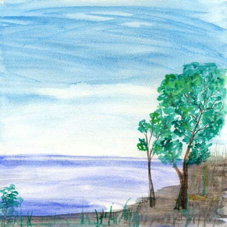 Watercolor lake and trees, seamless series4-4.の写真素材