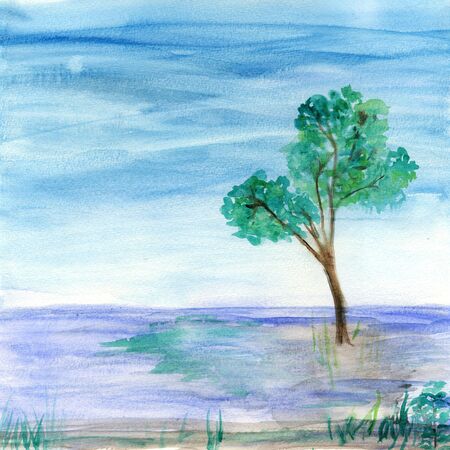 Watercolor lake and trees, seamless series4-3.の写真素材