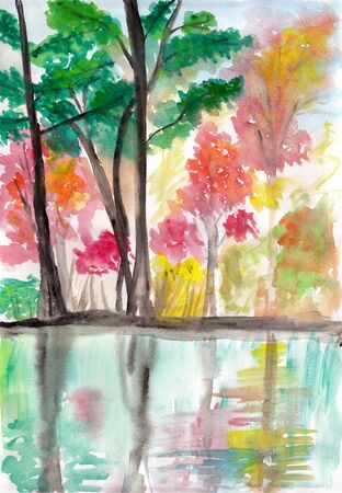 In the evening and tree of autumn, watercolor landscapeの写真素材