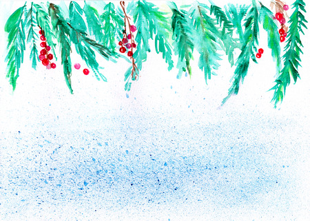 Christmas watercolor background, Holly and pine boughsの写真素材