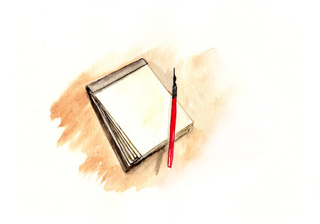 Pen and notebook, watercolor illustrationの写真素材