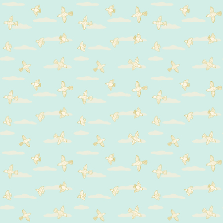 vector seamless pattern with birds and clouds on light turquoise backgroundのイラスト素材