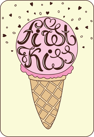 Vector illustration of pink ice cream cone with first kiss inscription on yellow backgroundのイラスト素材