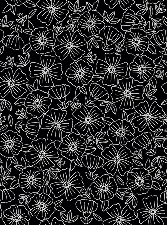 Floral seamless pattern with flowers drawn by hand. Doodle floral texture. Black and whiteのイラスト素材