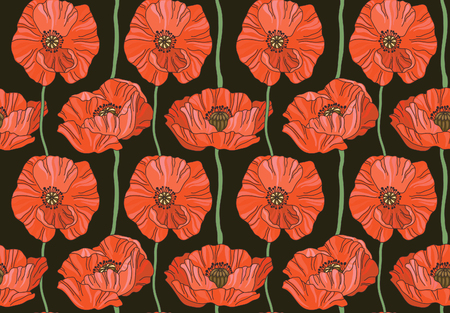 vector seamless pattern with bright red growing up poppiesのイラスト素材