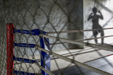 A Thai boxing ring while thai boxer is coming to fight Muay Thai can see by his shadow.の写真素材