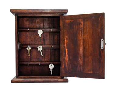 opened wood key cabinet の写真素材