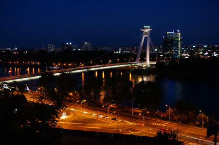 UFO tower and Bridge SNP over Danube river in Slovak capital city Bratislava at night