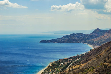 Letojanni and Taormina from Forza d'Agro. Sicilyの写真素材