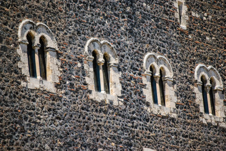 The series of windows on the main side of the Norman castle in Paterno. Sicilyの写真素材