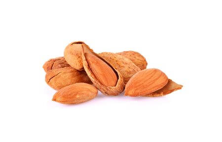 Dried almonds isolated on a white backgroundの写真素材