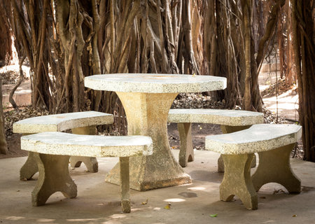 marble table in park with the tree root background,located in park