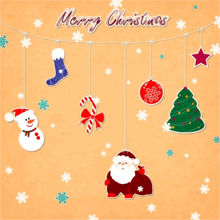Vintage Christmas card with snowman, snowflakes, Santa Clausのイラスト素材
