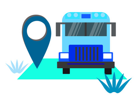 School bus and map pointer. Flat vector illustration isolated on white background.のイラスト素材