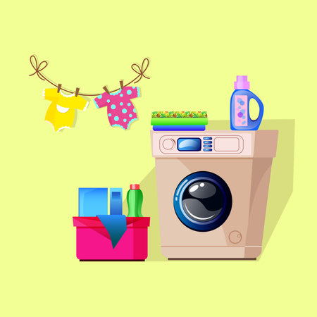 Washing machine with laundry basket and detergents. vector illustrationのイラスト素材