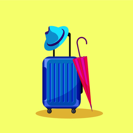 Vector illustration of a blue suitcase with umbrella and hat on yellow backgroundのイラスト素材