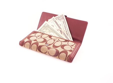 Dollar bank notes Inserted in a brown wallet On white                   
