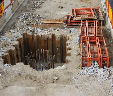 Piling Construction for the passenger cabin. The reinforced with steel bars in drilled holes.                               の写真素材