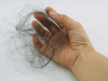 Long black hair fall as clusters in the hands of women.の写真素材