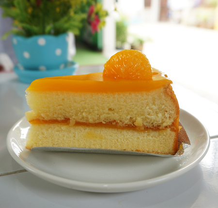 Orange cake, cut into triangles. The outer coat with orange marmalade.の写真素材