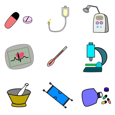 Hospital impotent equipment for patients diagnosis and treatment, ECG, microscope, ultrasound, medicine, mortar, thermometer and cradle on white background.のイラスト素材