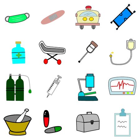 Impotence medical equipment in hospital,  mask, plaster, ambulance, cradle, medicine box, stretcher, crutch, IV bag, oxygen tank, syringe, microscope, ECG, mortar, medicine, bag, record board.のイラスト素材