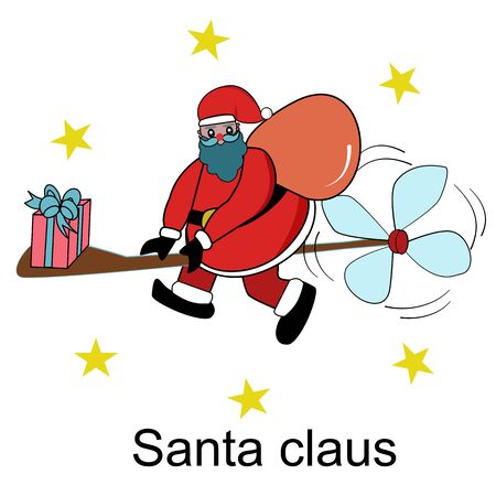 Santa claus in Merry Christmas day with presents on mini helicopter and yellow stars in sky.のイラスト素材