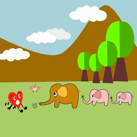 The red heart has sweat and herd elephants are coming in the forest.のイラスト素材