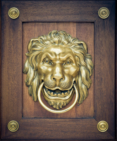 Lion door knocker on wooden door
