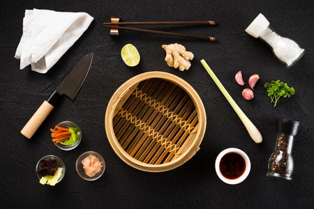 Asian food ingredients and steamer top viewの写真素材