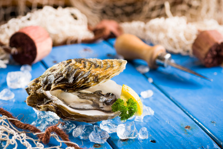 Fresh oyster on ice on a blue wooden tableの写真素材