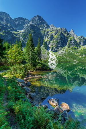 Green water lake Morskie Oko, Tatra Mountains, Polandの写真素材