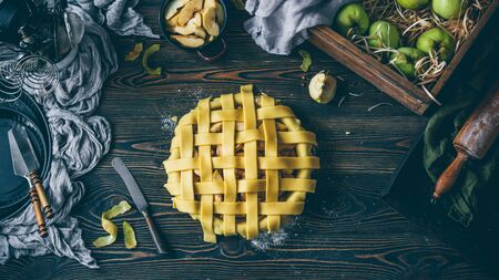 Apple pie making process, decorating cakeの写真素材