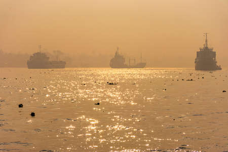 Large Sea, Ocean Carrier transport ships, vessels, in the fog, Morning in the Pashur River, Mongla Port in Bangladeshの写真素材