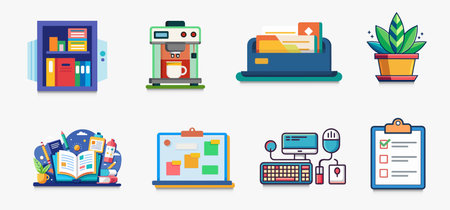 Flat design modern vector illustration icons set of office objects and office suppliesのイラスト素材