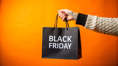 Black friday sale concept. Black paper bag in woman's hand on orange backgroundの素材