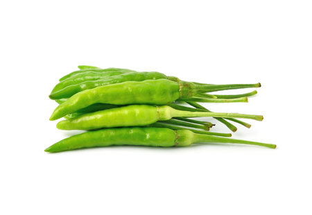 green hot chilli peppers isolated on whiteの写真素材