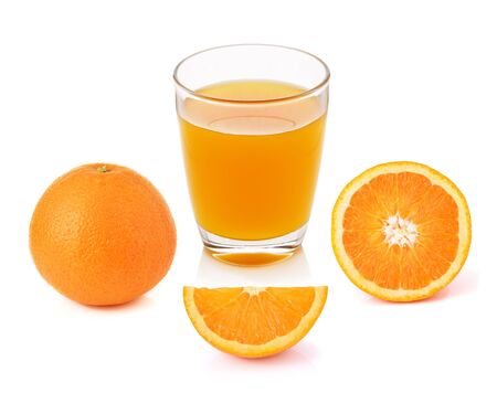fresh orange fruits and juice isolated on whiteの写真素材