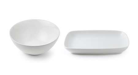 white ceramics plate and bowl isolated on white backgroundの写真素材