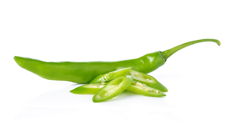 Green hot chili pepper on white backgroundの写真素材